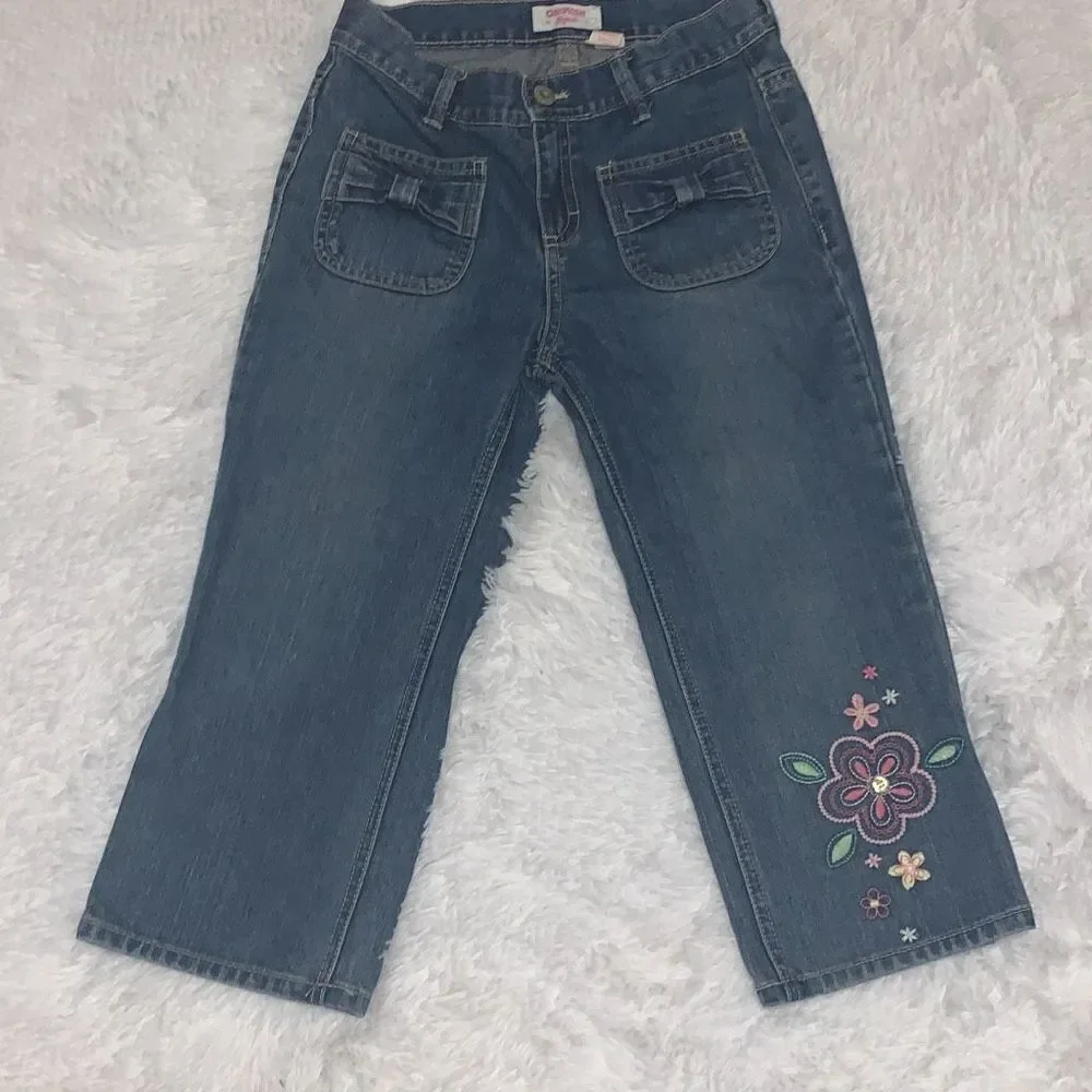 Vintage OSHKOSH Floral Embroidered Denim Jeans Girl12 Blue‎ Cropped
